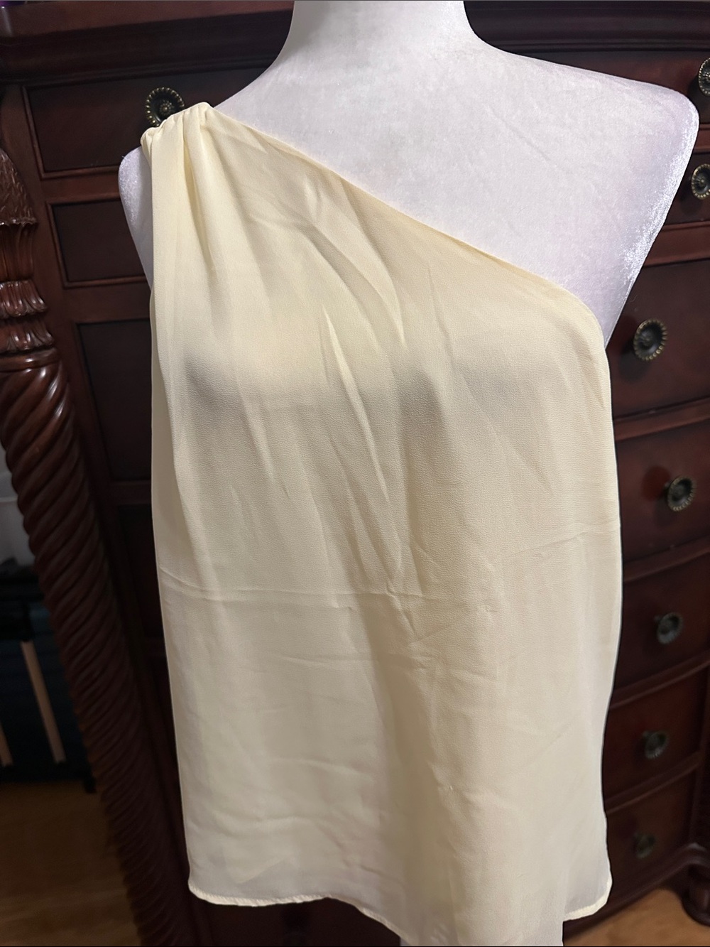 eva mendes for New York & Company One-Shoulder Cream Chiffon Dress